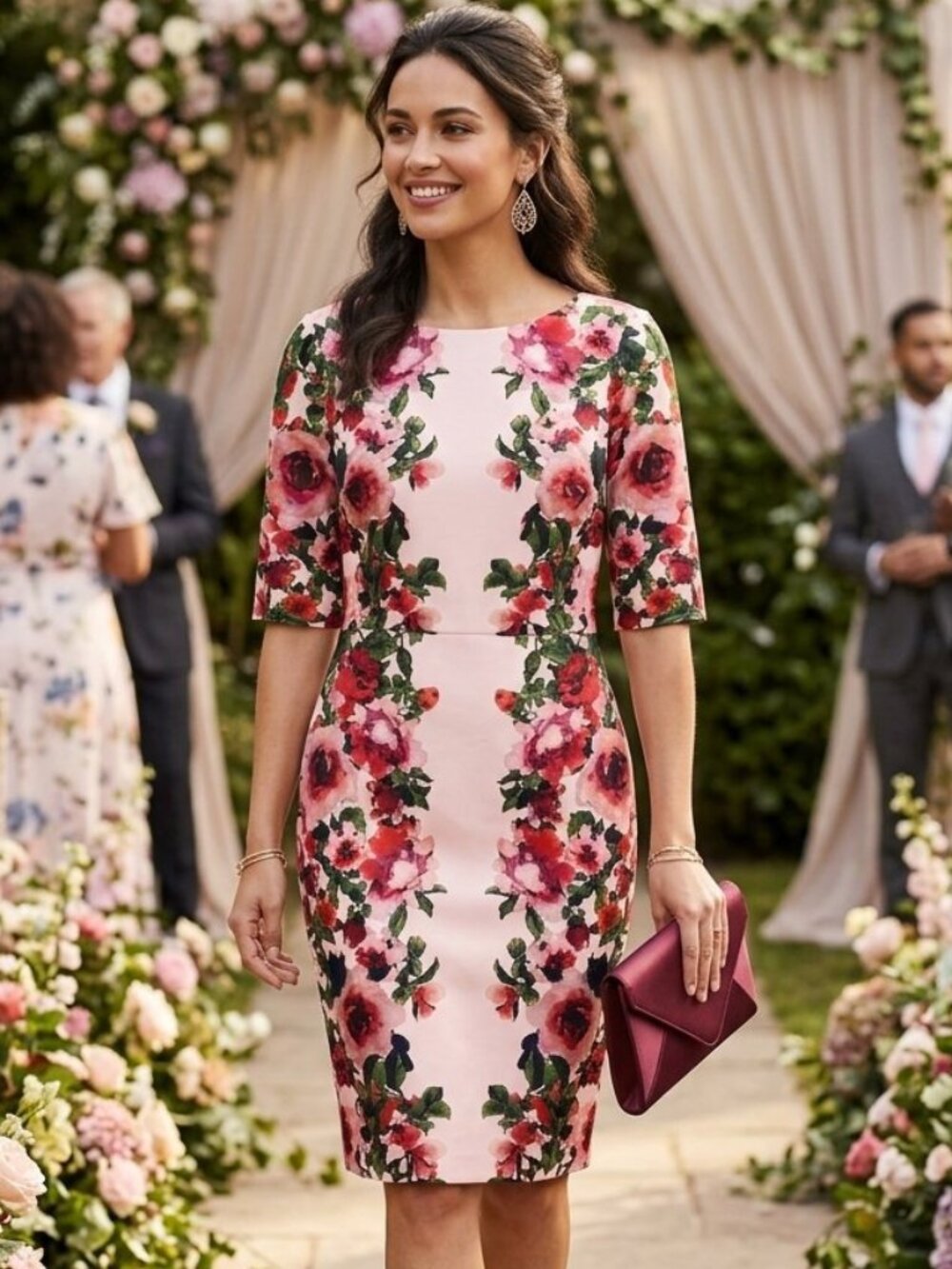 Phase 8 Elodine Pink Floral Half Sleeves Boatneck Dress 3834